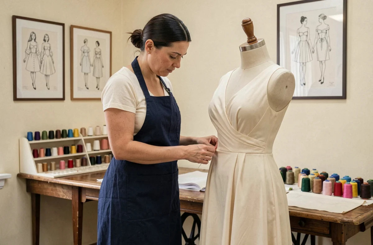 Couturière d'Adeline Retouch' épinglant l'ourlet d'une robe du soir sur un mannequin dans son atelier