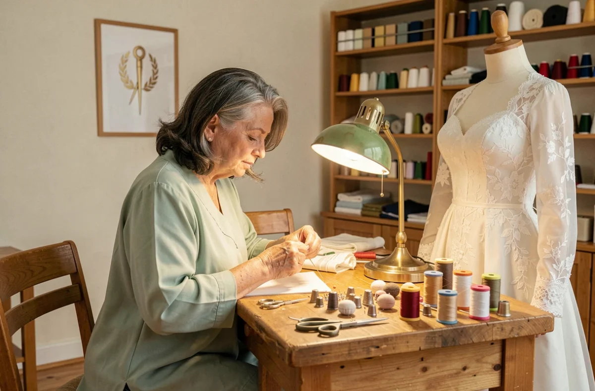 Couturière de l'Aiguille d'Or enfilant une aiguille dorée à son établi dans un atelier chaleureux et artisanal