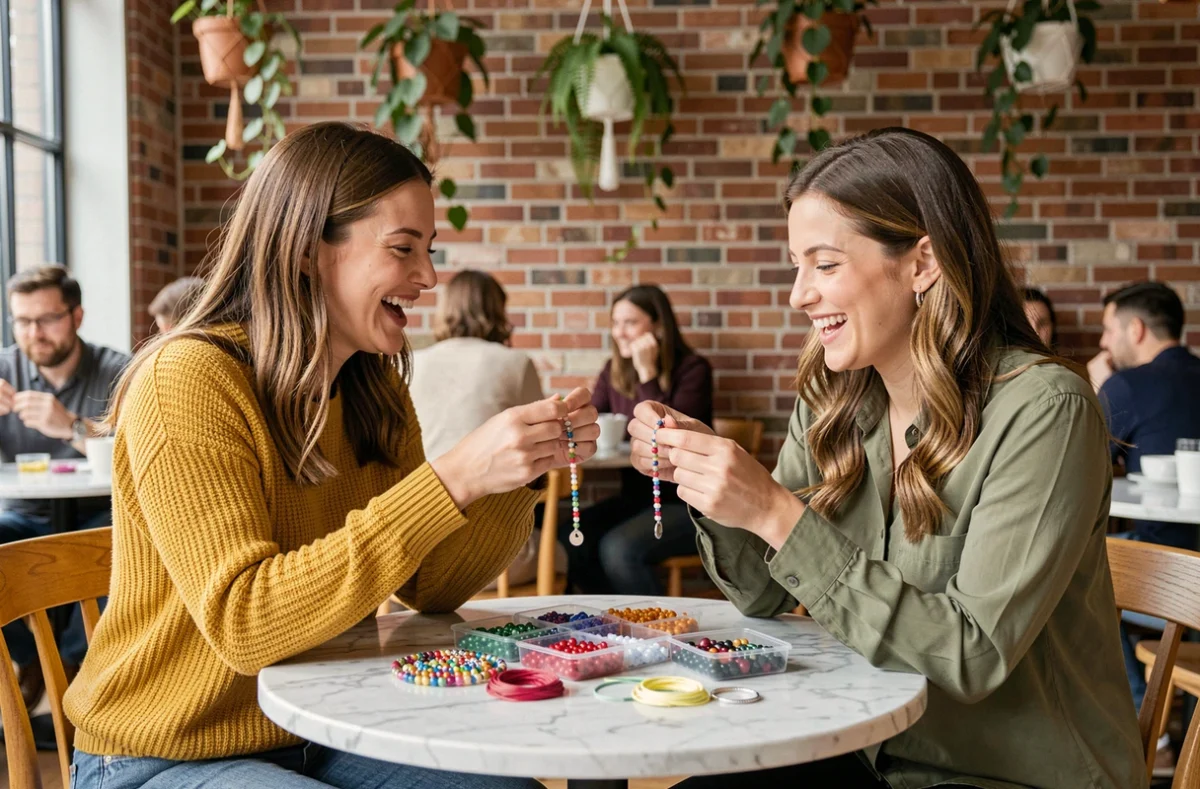 Deux femmes souriantes créant ensemble des bracelets personnalisés autour d'un kit partagé dans un café à l'ambiance chaleureuse