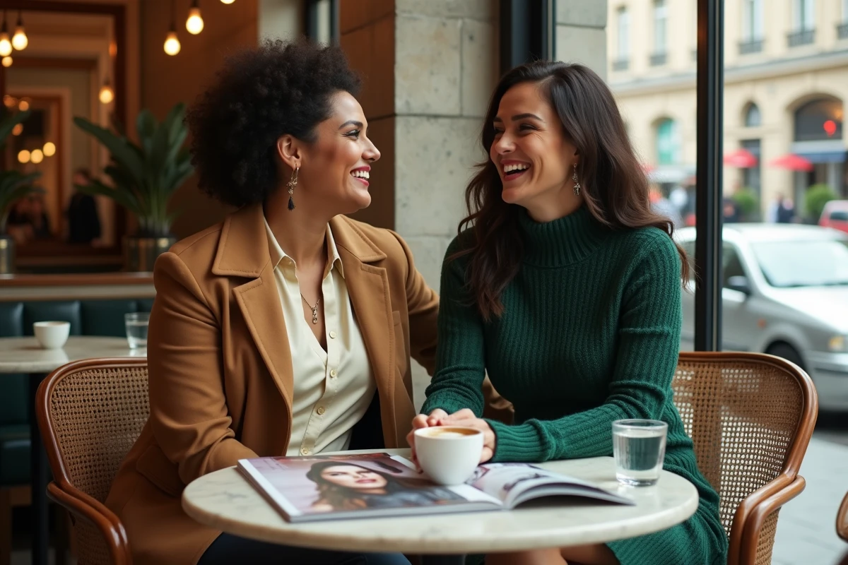 Deux femmes rondes élégantes riant ensemble dans un café parisien avec des tenues mode curvy et un lookbook de mode sur la table
