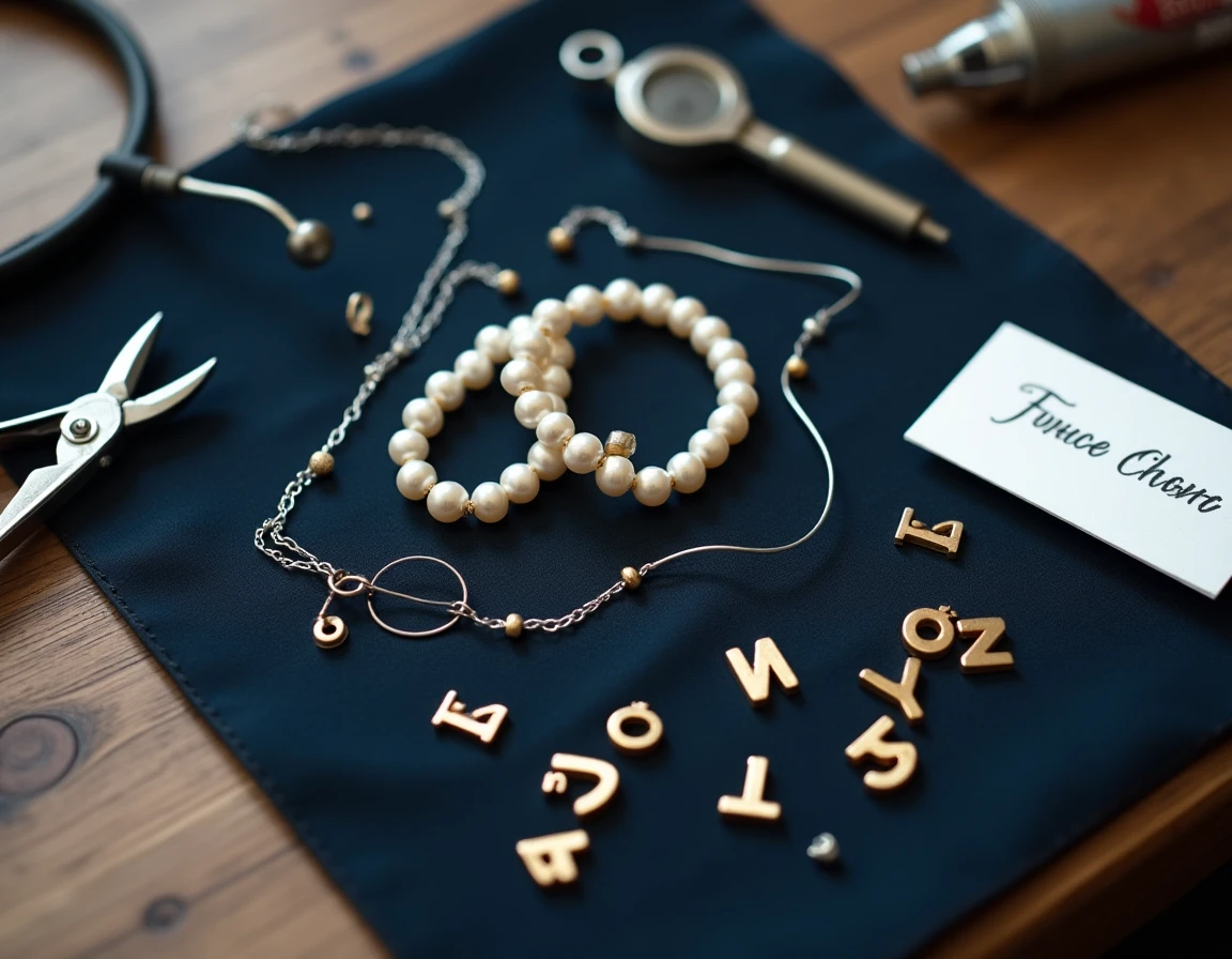 Atelier de bijoutier artisanal avec bracelet de communion personnalisé en cours de fabrication, perles et breloques dorées sur velours sombre