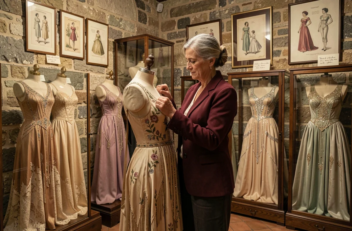 Robe du soir historique des années 1920 exposée dans la boutique Aux fils de l'histoire à Strasbourg