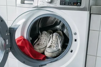 Baskets blanches en toile placées dans le tambour d'un lave-linge avec un filet de lavage rouge, prêtes à être lavées en machine