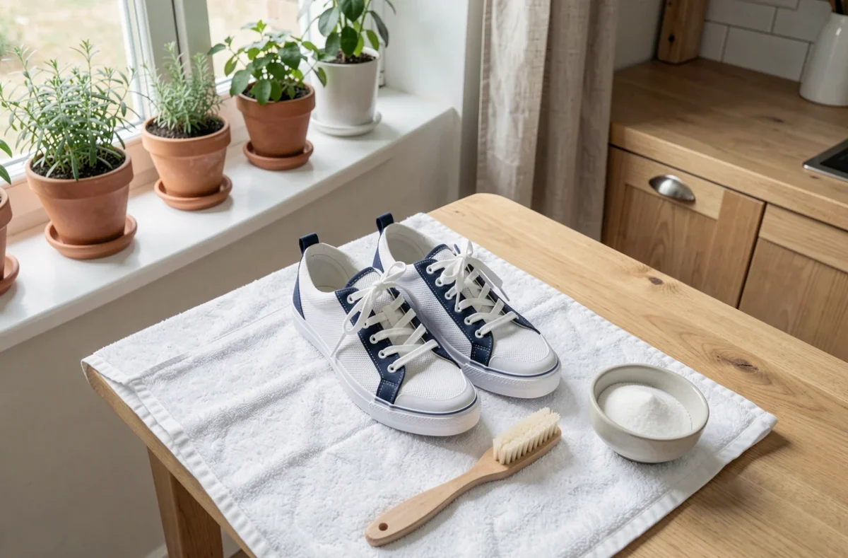 Baskets propres posées sur une serviette blanche avec du bicarbonate de soude et une brosse douce pour éliminer les odeurs après lavage