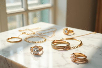 Vitrine de bijoux élégants en or et argent sur marbre blanc