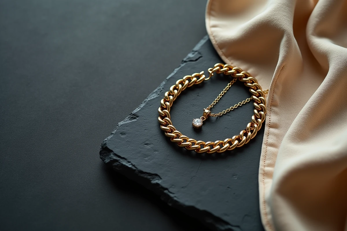Collier en or blanc et bracelet en or jaune disposés en flat lay sur velours crème et ardoise sombre