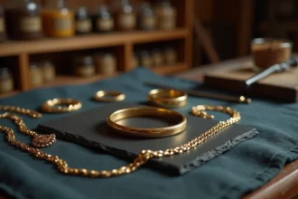Bijoux en plaqué or disposés sur une ardoise sombre avec bracelet, bague et chaîne reflétant les normes de composition de l'or