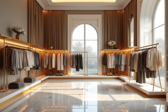 Vitrine d'une boutique de luxe avec vêtements de créateurs