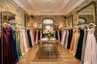 Intérieur élégant d'une boutique de robes de soirée dans le Grand Est, avec des robes en soie et velours exposées sur des portants en laiton