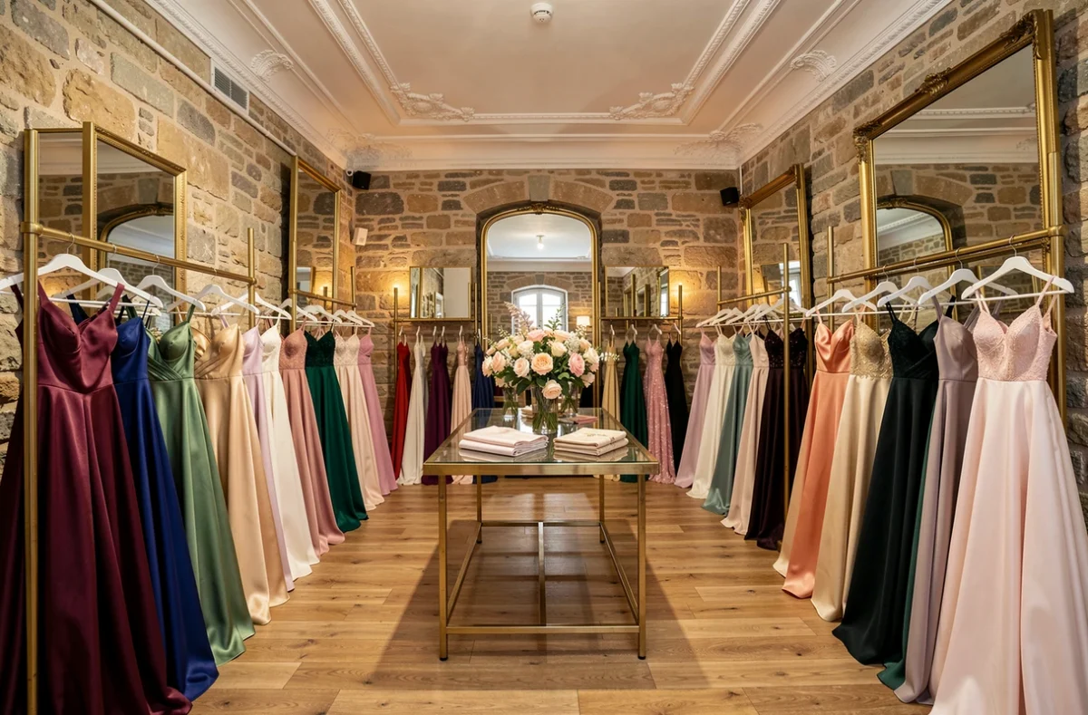 Intérieur élégant d'une boutique de robes de soirée dans le Grand Est, avec des robes en soie et velours exposées sur des portants en laiton