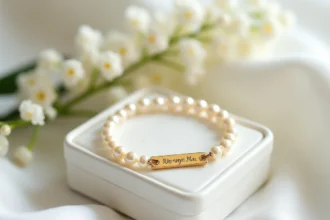 Bracelet de communion sur mesure avec perles et croix dorée dans un écrin blanc, posé sur du lin blanc avec du muguet
