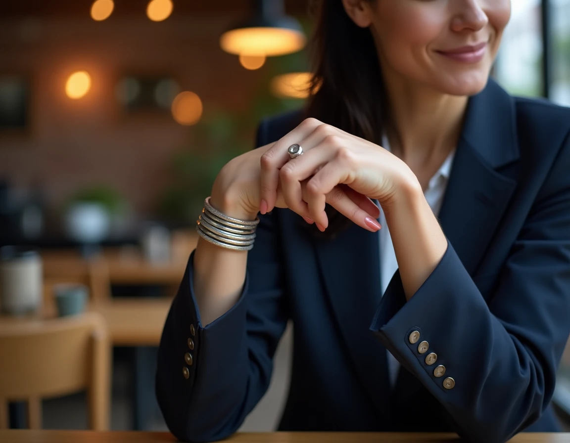 Femme portant un bracelet large argenté empilé avec des joncs fins dans un café urbain