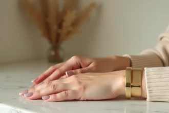 Bracelet large doré porté au poignet d'une femme sur un fond de marbre blanc minimaliste