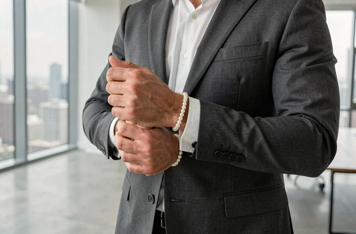 Homme en costume gris anthracite portant un bracelet de perles blanches au poignet dans un bureau moderne avec vue sur la ville