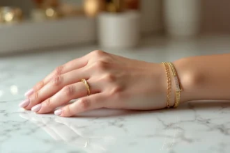 Bracelet chaîne fine TRESOR en or porté au poignet d'une femme sur marbre blanc, vue macro élégante