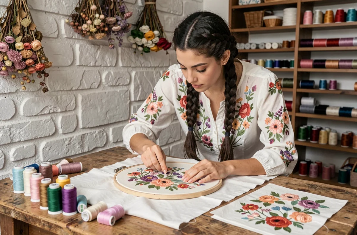 Brodeuse de Broderie d'Inès réalisant des motifs floraux colorés sur un tambour à broder dans un atelier artisanal au mur en pierre