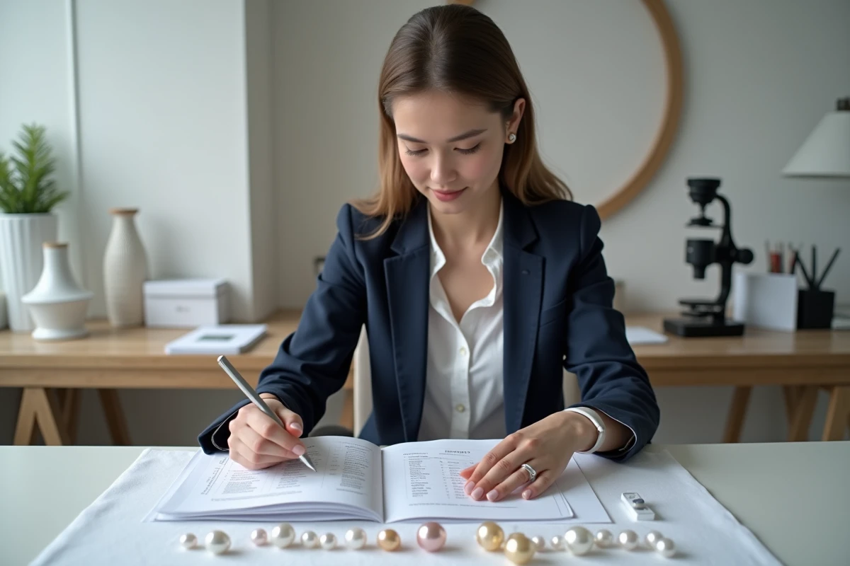 Jeune femme comparant des perles de culture de différentes qualités et tailles avec un guide de prix dans un bureau d'expertise