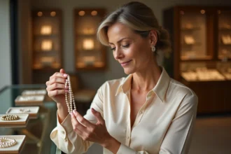 Femme élégante examinant un collier de perles de culture de haute qualité dans une bijouterie raffinée