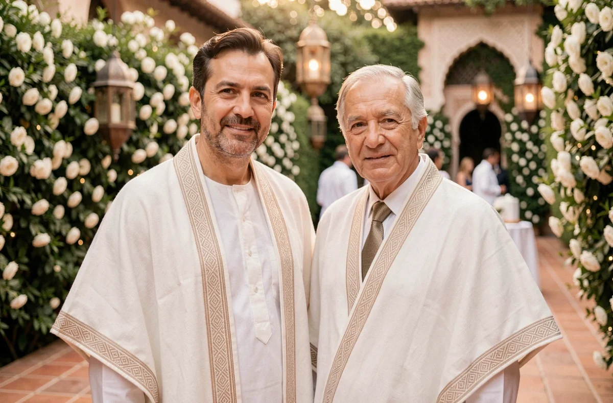 Deux hommes en burnous blanc et écru brodé dans un jardin marocain lors d'une réception de mariage