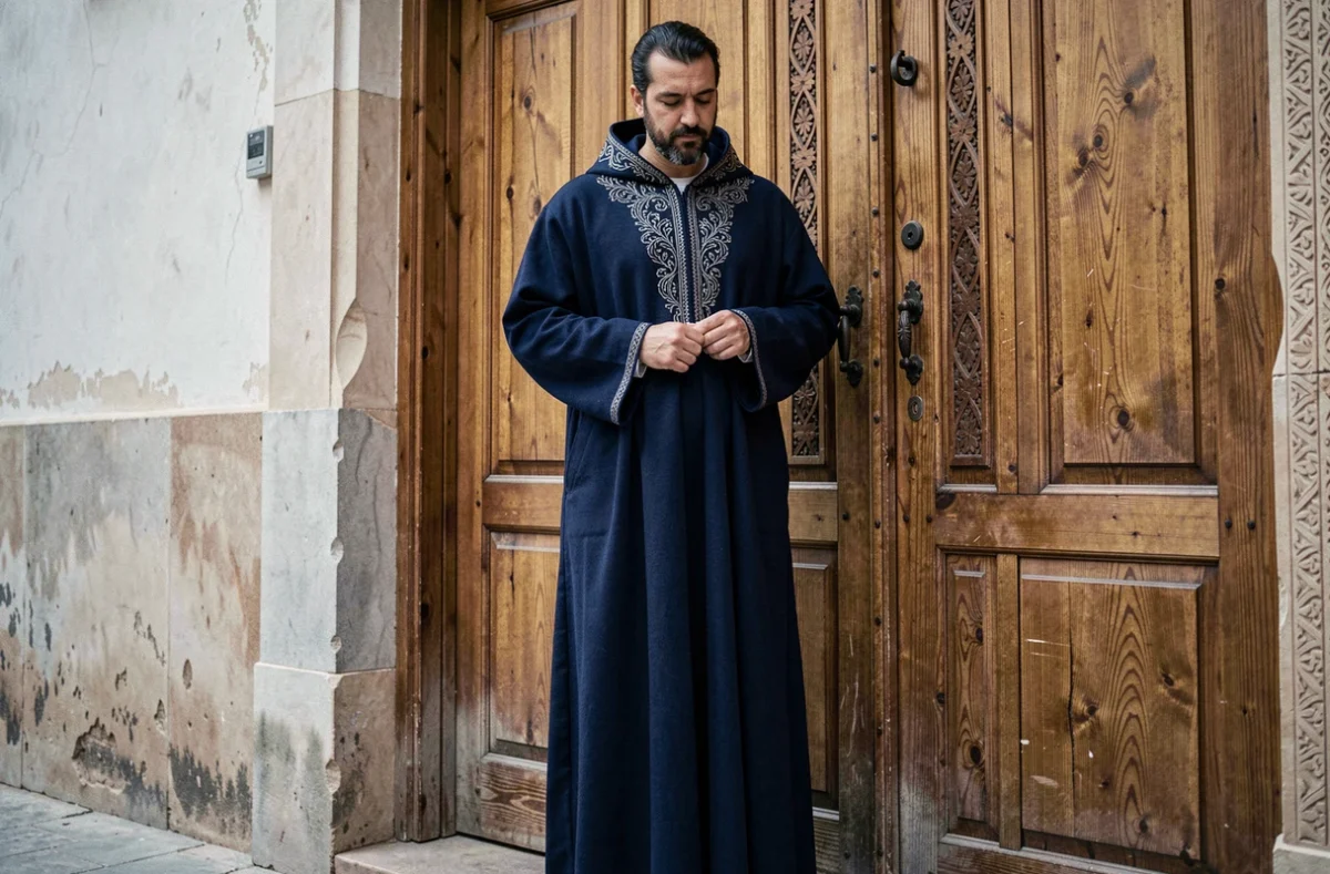 Homme en burnous bleu marine brodé argent devant une porte en bois sculpté pour mariage