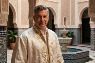 Homme élégant en burnous ivoire brodé or dans un riad marocain pour un mariage