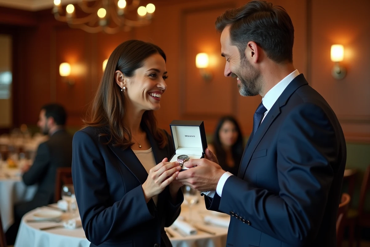 Femme offrant une montre homme personnalisée dans un restaurant pour un anniversaire