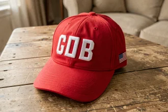 Casquette rouge MAGA avec lettres brodées blanches posée sur une table en bois, vue de dessus en flat-lay réaliste