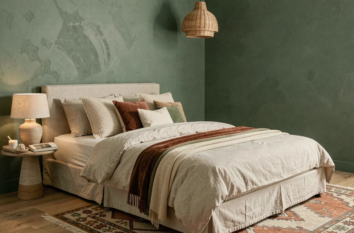 Chambre à coucher stylisée avec literie en lin texturé, mur vert sauge, tapis kilim vintage et objets décoratifs personnels sur table de chevet