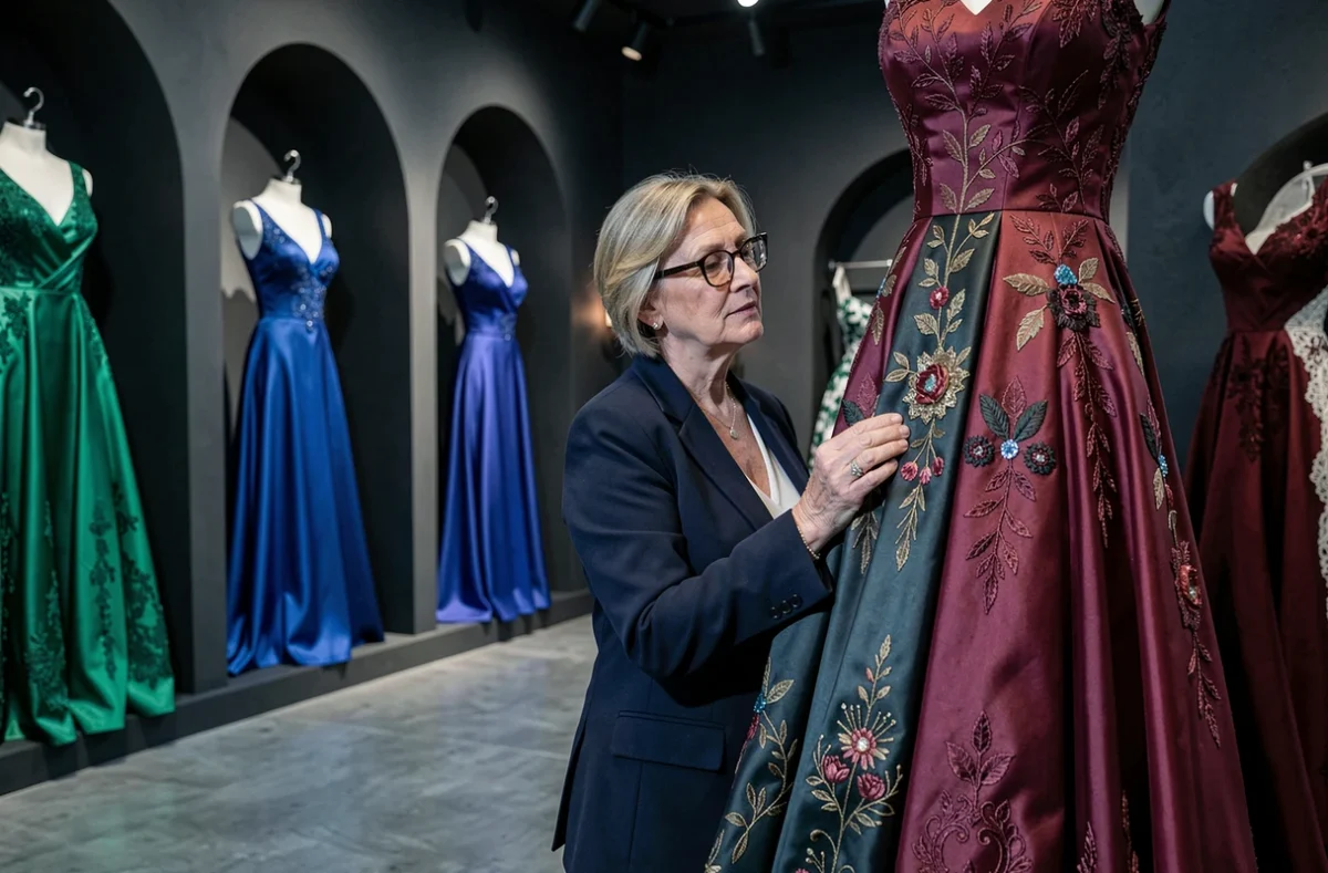 Intérieur raffiné de Charlette Couture à Strasbourg avec des robes de soirée haute couture exposées dans des niches en arc