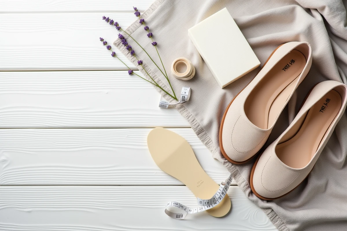 Chaussures orthopédiques pour pieds sensibles présentées en flat-lay avec semelle et accessoires de soin podologique