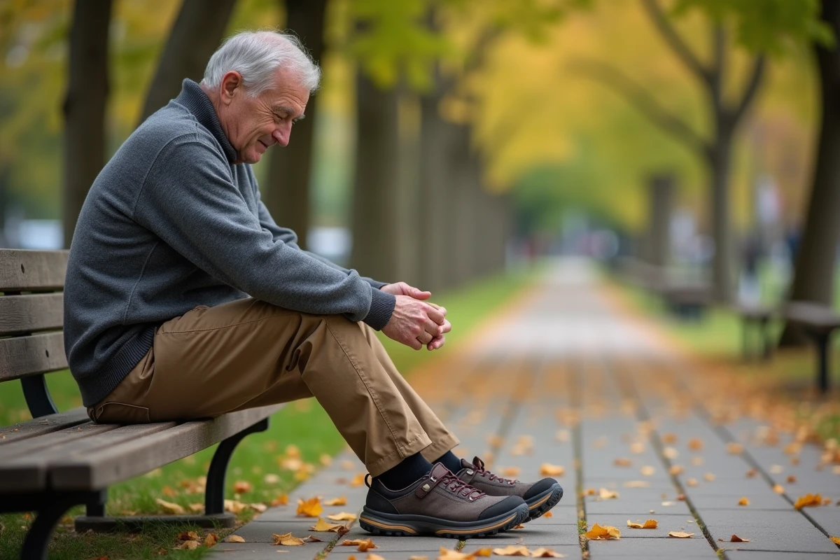 Homme portant des chaussures larges et confortables pour pieds sensibles dans un parc urbain en automne