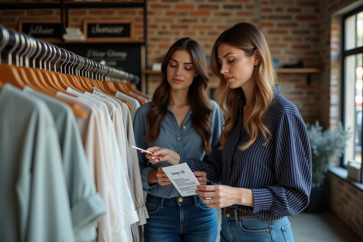 Deux femmes dans une boutique de mode consultant la définition du mot chemisier sur une fiche textile près d'un portant de vêtements