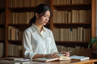 Femme portant un chemisier blanc classique consultant un dictionnaire ouvert dans un bureau bibliothèque chaleureux