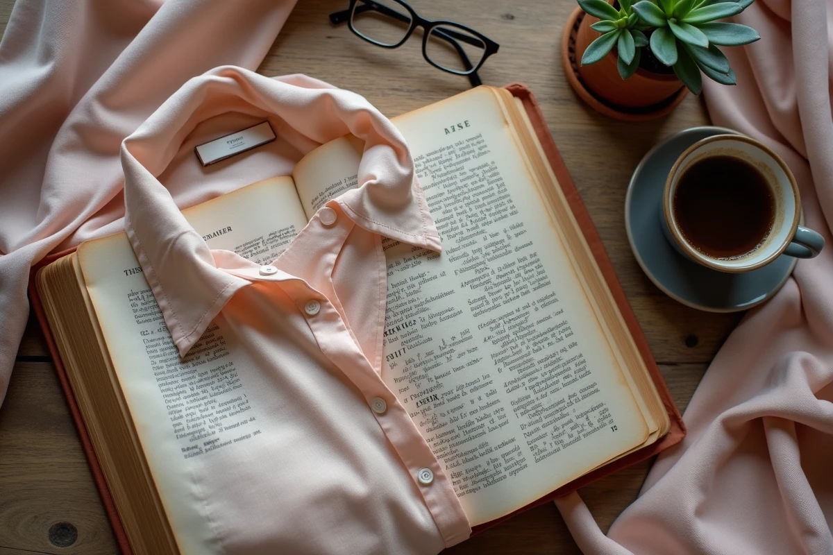 Flatlay d'un chemisier en soie rose pâle posé près d'un dictionnaire français ouvert sur la définition du mot chemisier
