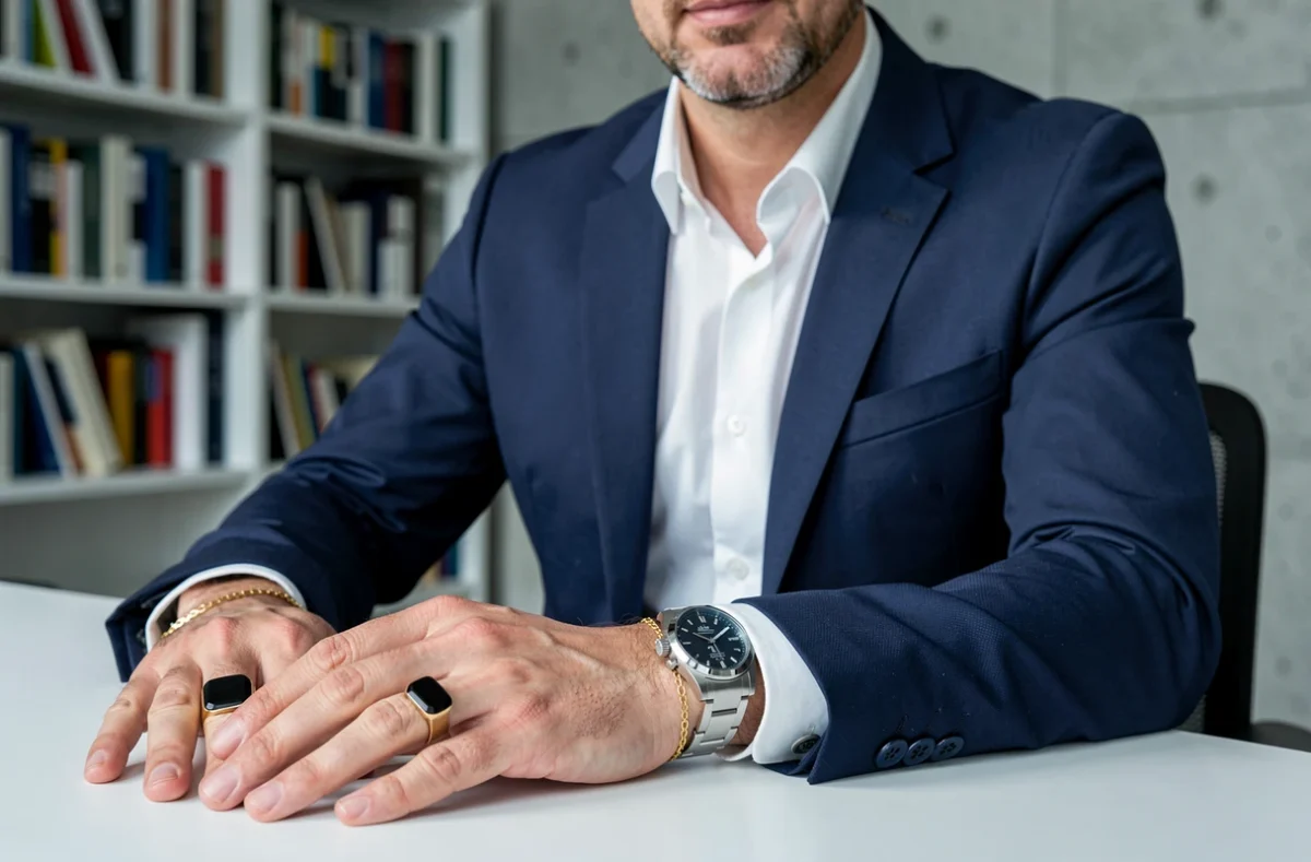Homme en costume marine portant une chevalière onyx avec bracelet or et montre acier dans un bureau moderne