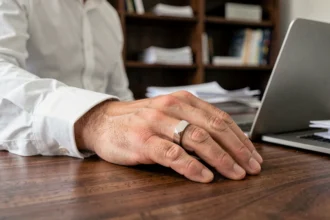 Chevalière en or blanc homme portée au doigt, posée sur un bureau en bois sombre dans un bureau contemporain