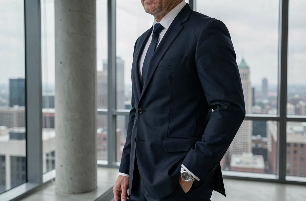 Homme en costume portant une chevalière en or blanc avec vue sur une skyline urbaine depuis un appartement moderne