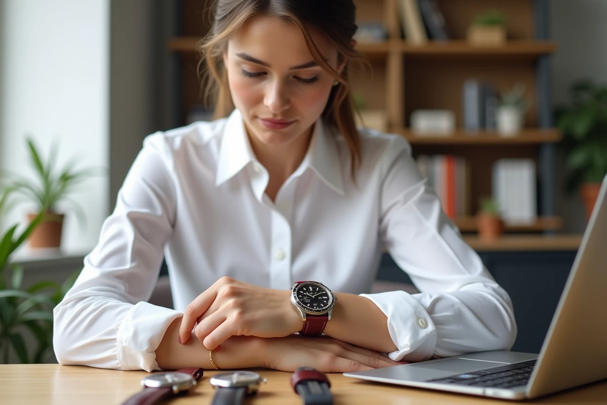 Femme comparant deux montres à double bracelet cuir sur un bureau en bois dans un bureau moderne