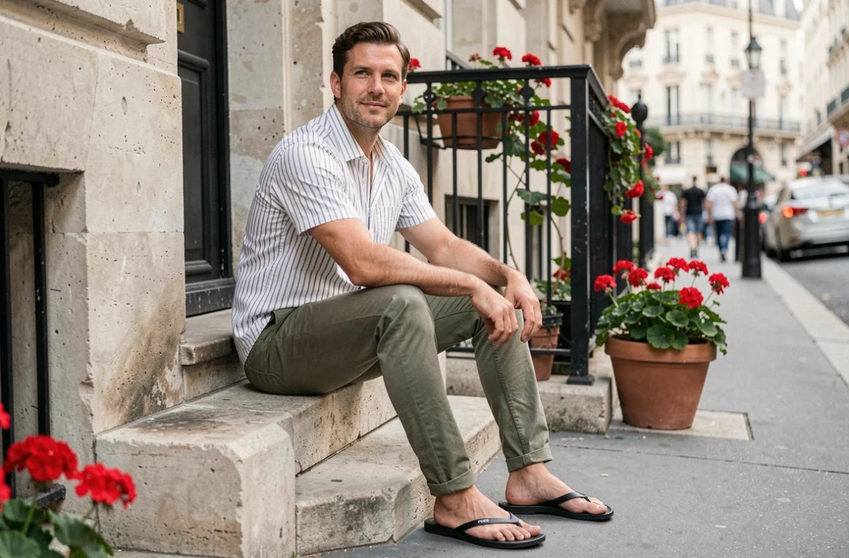 Homme en tenue décontractée portant des claquettes classiques noires sur des marches parisiennes