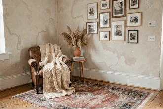 Coin salon décoré avec une chaise en cuir, plaid en laine, livres d'art et mur de cadres vintage pour un intérieur personnalisé