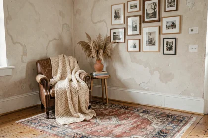 Coin salon décoré avec une chaise en cuir, plaid en laine, livres d'art et mur de cadres vintage pour un intérieur personnalisé