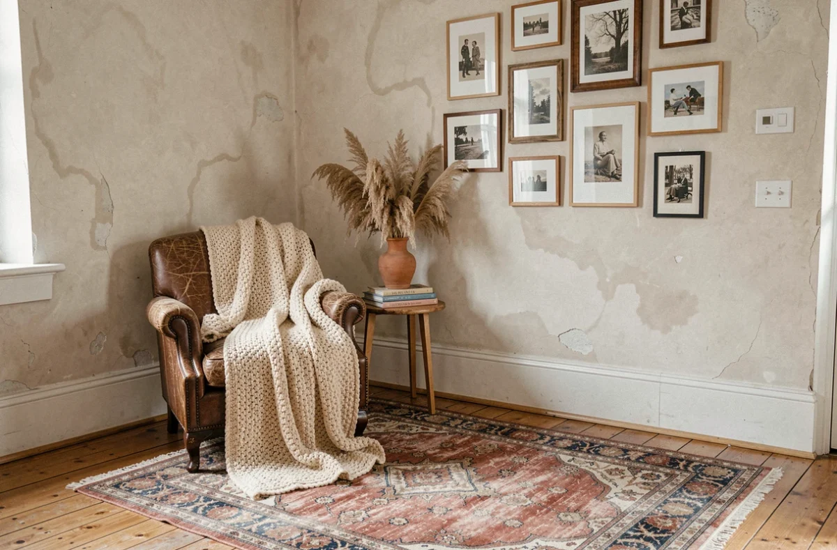 Coin salon décoré avec une chaise en cuir, plaid en laine, livres d'art et mur de cadres vintage pour un intérieur personnalisé