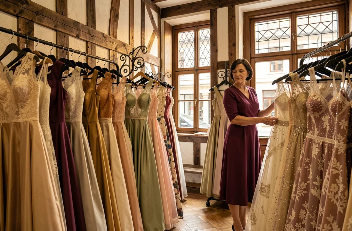 Propriétaire arrangeant des robes de soirée vintage chez Colette Ravier à Strasbourg dans un cadre alsacien typique