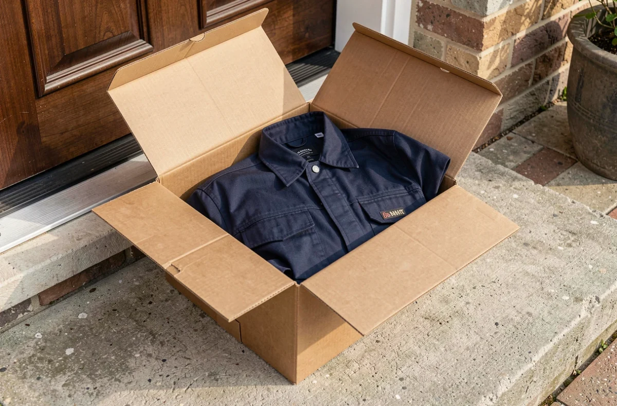 Colis ouvert contenant une veste de travail neuve