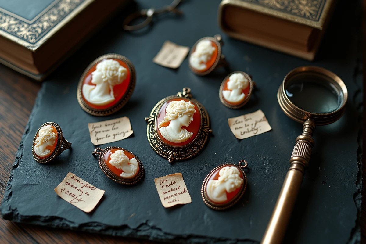 Collection de bijoux camées anciens sur ardoise avec étiquettes symboliques et loupe de bijoutier pour identification