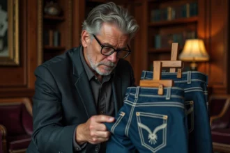 Collectionneur homme examine jeans de luxe en étude élégante