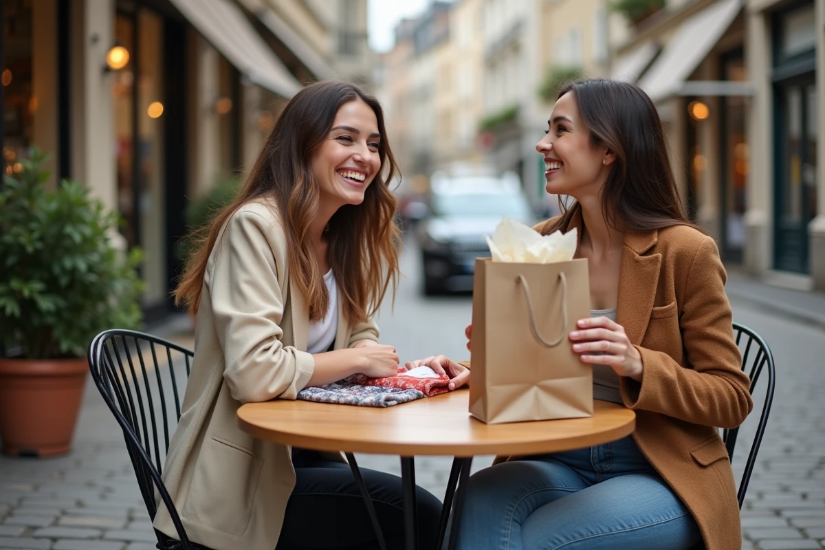 Deux femmes comparant leurs achats mode entre boutique indépendante et grande marque en terrasse