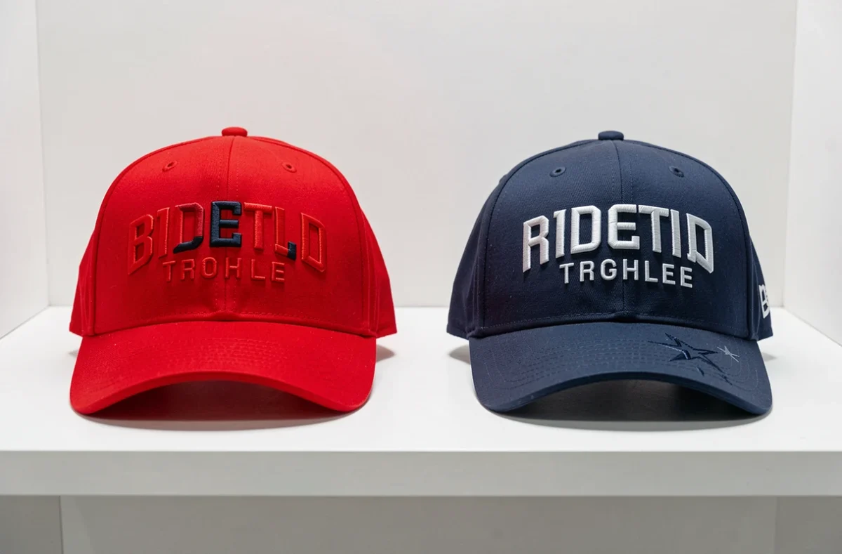 Comparaison de deux casquettes MAGA côte à côte, version rouge classique et version revisitée 2026 en bleu marine