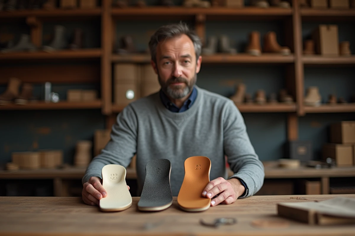Comparaison de semelles en gel, mousse et cuir pour chaussures trop grandes posées sur un établi de cordonnier