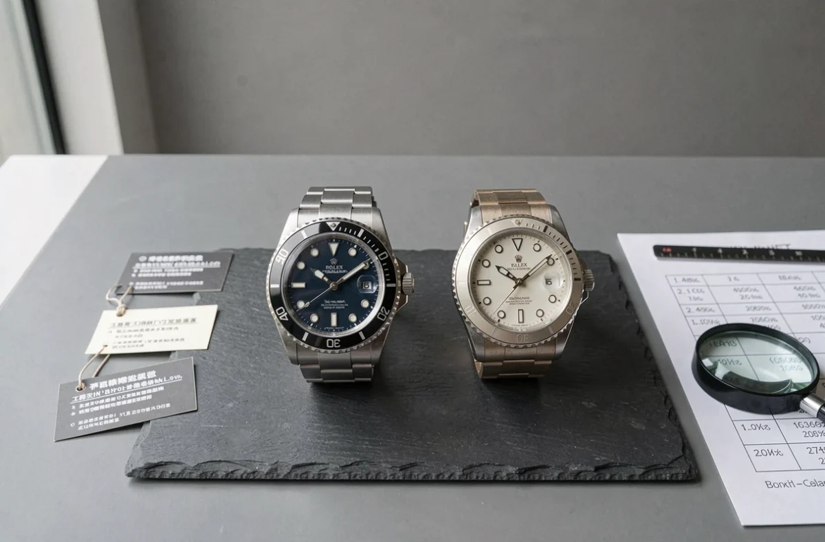 Comparaison côte à côte d'une vraie Rolex et d'une contrefaçon pour identifier les différences